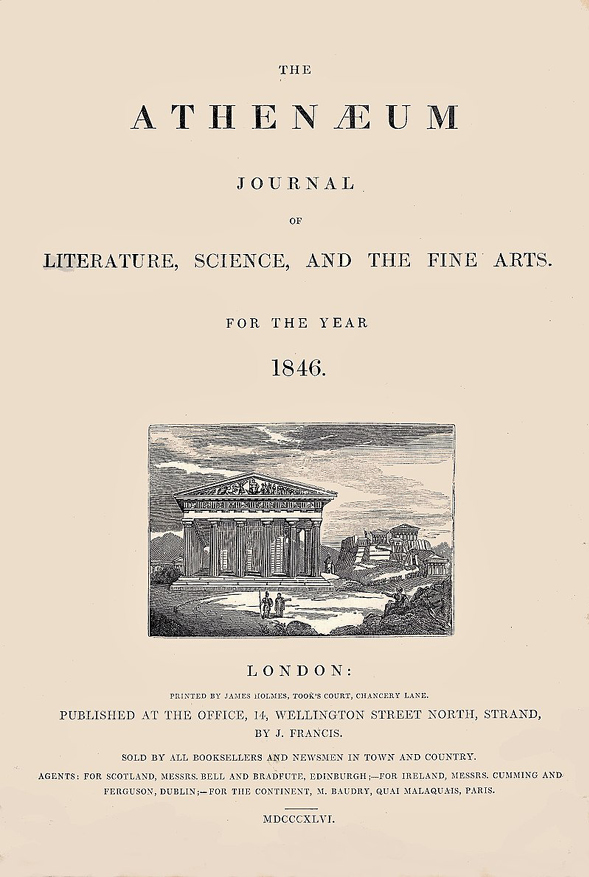 A vintage cover page of 'The Athenaeum' journal from 1846, with an engraved illustration of an ancient Greek temple, likely the Parthenon.