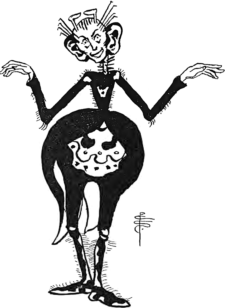 A black-and-white caricature drawing of a fantastical, exaggerated humanoid figure with an elongated body and peculiar limbs.