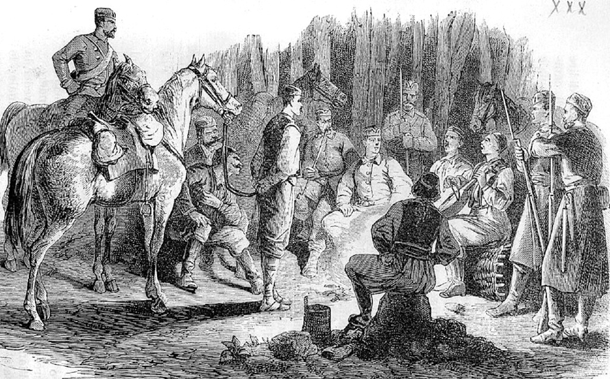 A historical engraving depicting a group of soldiers and civilians gathered around a fire, listening to a storyteller, with horses and military figures in the background.