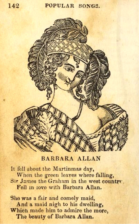 A vintage printed page from a book, featuring an illustration of a woman with curly hair, wearing a plaid shawl and a feathered hat. Below the drawing is the title 'Barbara Allan' and the opening verses of the traditional folk ballad.