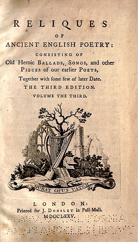 A historic English book titled 'Reliques of Ancient English Poetry', printed in 1775. The page features a decorative illustration of a harp, a tree, and ruins, symbolising a connection to the past.
