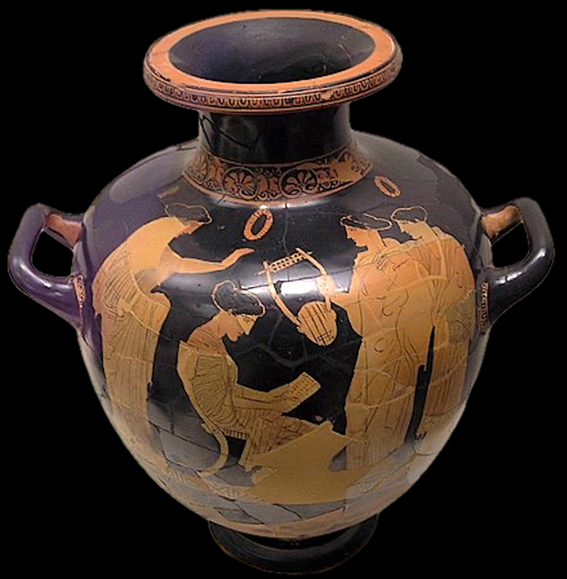 An ancient Greek red-figure hydria, a ceramic vessel with black and red designs depicting a musical scene. Women are shown interacting with a lyre, possibly in a setting of musical instruction or performance.