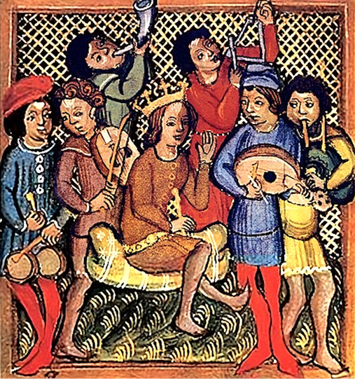 A medieval European manuscript illustration of a king sitting on a golden throne, surrounded by musicians. The musicians play various instruments, including a lute, drums, and horns, while wearing colourful medieval attire. The background has a decorative patterned design.