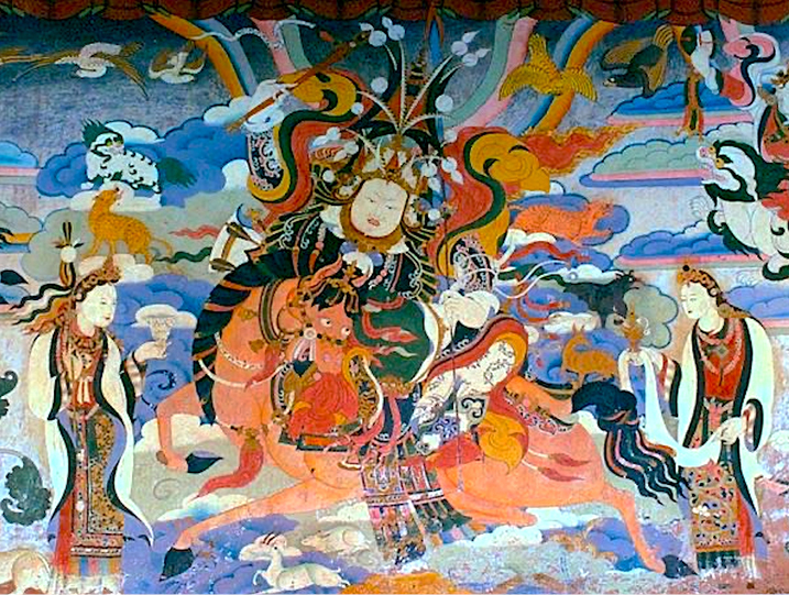A vibrant Tibetan-style mural featuring a mythical warrior figure riding an elaborately adorned horse, surrounded by celestial beings and colourful clouds. The scene is rich in symbolism and intricate detailing, characteristic of traditional Buddhist art.