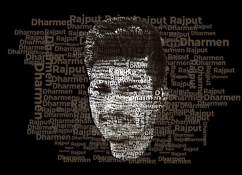 Typographic portrait of a man named Dharmen Rajput, where his facial features are created using repeated occurrences of his name in various sizes and orientations on a black background.