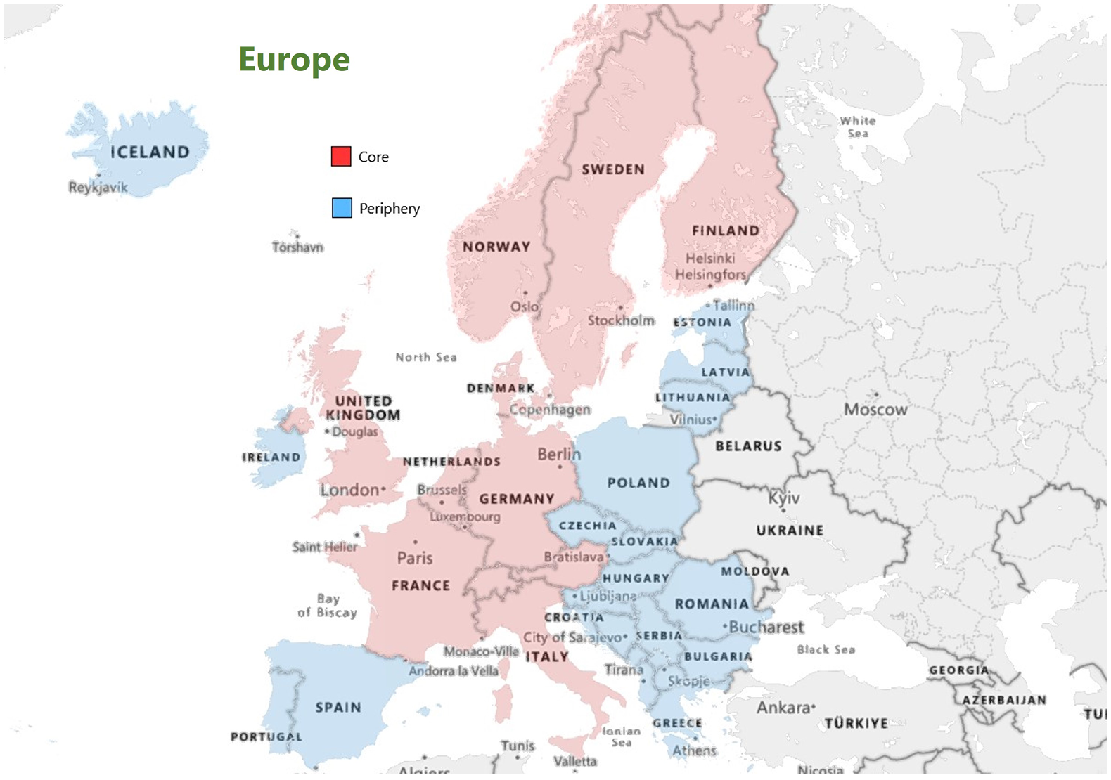 Image showing the geographical map of the EU27 with core member countries coloured in red and peripheral member countries coloured in light blue