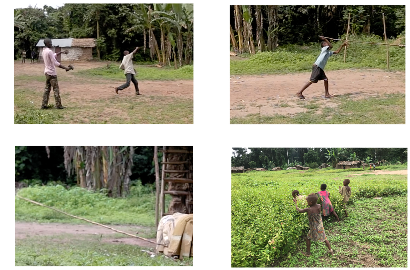 A set of four images showing individuals in outdoor rural settings engaged in activities like playing games and agricultural work, emphasising community life and traditional skills.