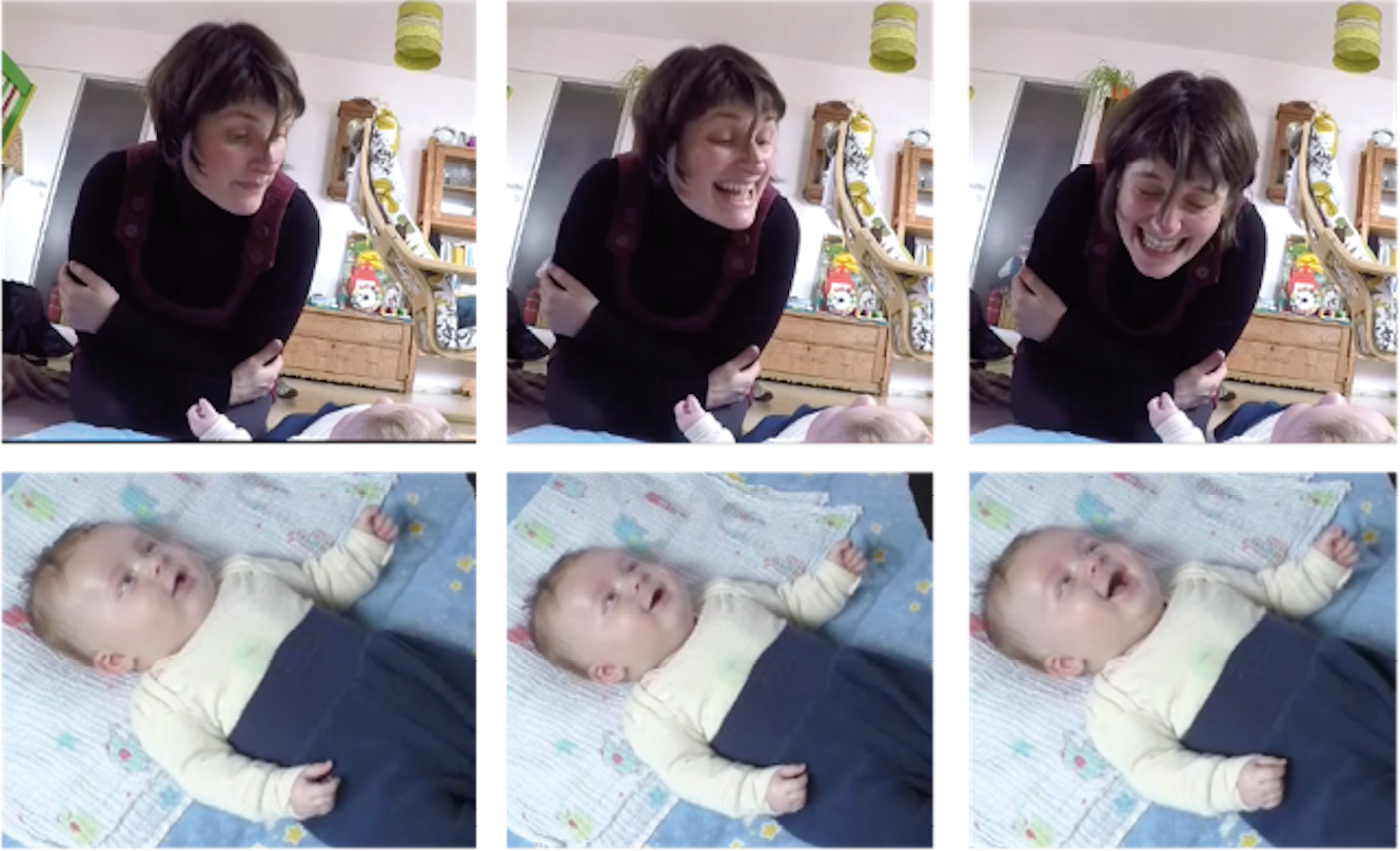 A series of images showing a caregiver engaging with an infant. The caregiver is leaning forward, smiling and gesturing playfully, while the infant lies on a blanket looking up, responding with smiles and interest.