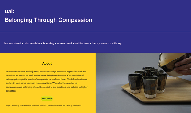 A webpage banner for UAL’s ‘Belonging Through Compassion’ project: purple title bar and menu above a yellow ‘About’ panel, beside a photo of a hand pouring tea into dark ceramic beakers on a wooden tray.