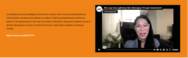 Orange webpage section introducing Mo‑Ling Chui’s lightning talk on belonging through assessment, with descriptive text on the left and a paused Vimeo video frame of the speaker wearing glasses on the right.