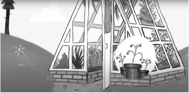 Greyscale drawing of a triangular greenhouse on a grassy hillside, its open door revealing thriving plants and empty pots inside, with a lone pine tree and stylised flowers in the background.