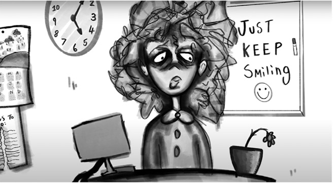 Black‑and‑white cartoon of an exhausted office worker with tangled hair seated at a desk; a wall clock, wilting plant and whiteboard reading ‘JUST KEEP SMILING’ highlight a stressful workplace.