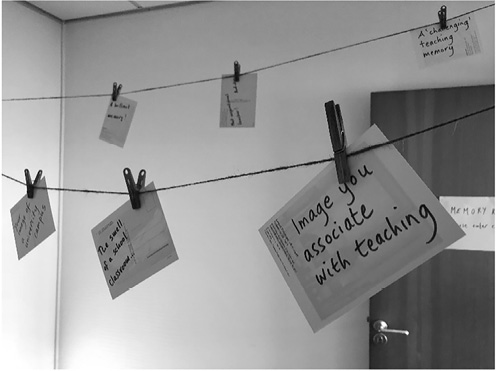 Cards pegged to strings in a room labelled ‘Memory Room’, with handwritten reflections related to teaching memories and experiences.