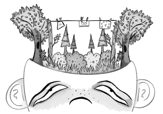 Monochrome illustration of a planter‑shaped face whose open top contains a miniature woodland scene with trees, bushes and a washing line pegged with notes, symbolising an inner landscape of thoughts.