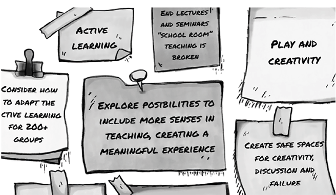 Sticky notes with messages such as ‘Active Learning’ and ‘Explore possibilities to include more senses in teaching’, promoting creative and multisensory educational approaches.