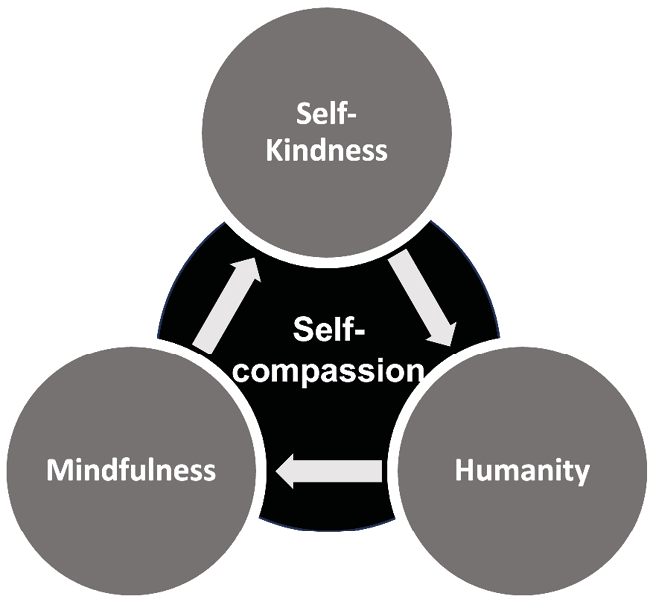 A triangular diagram of self-compassion, connecting Self-Kindness, Mindfulness, and Humanity with arrows pointing to a central core labelled Self-compassion.