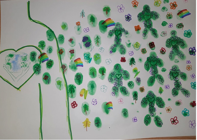 Collaborative children’s artwork on white paper featuring dozens of green fingerprint trees, tiny flowers, rainbows and leaves, with a large heart on the left enclosing a sketch of Earth.